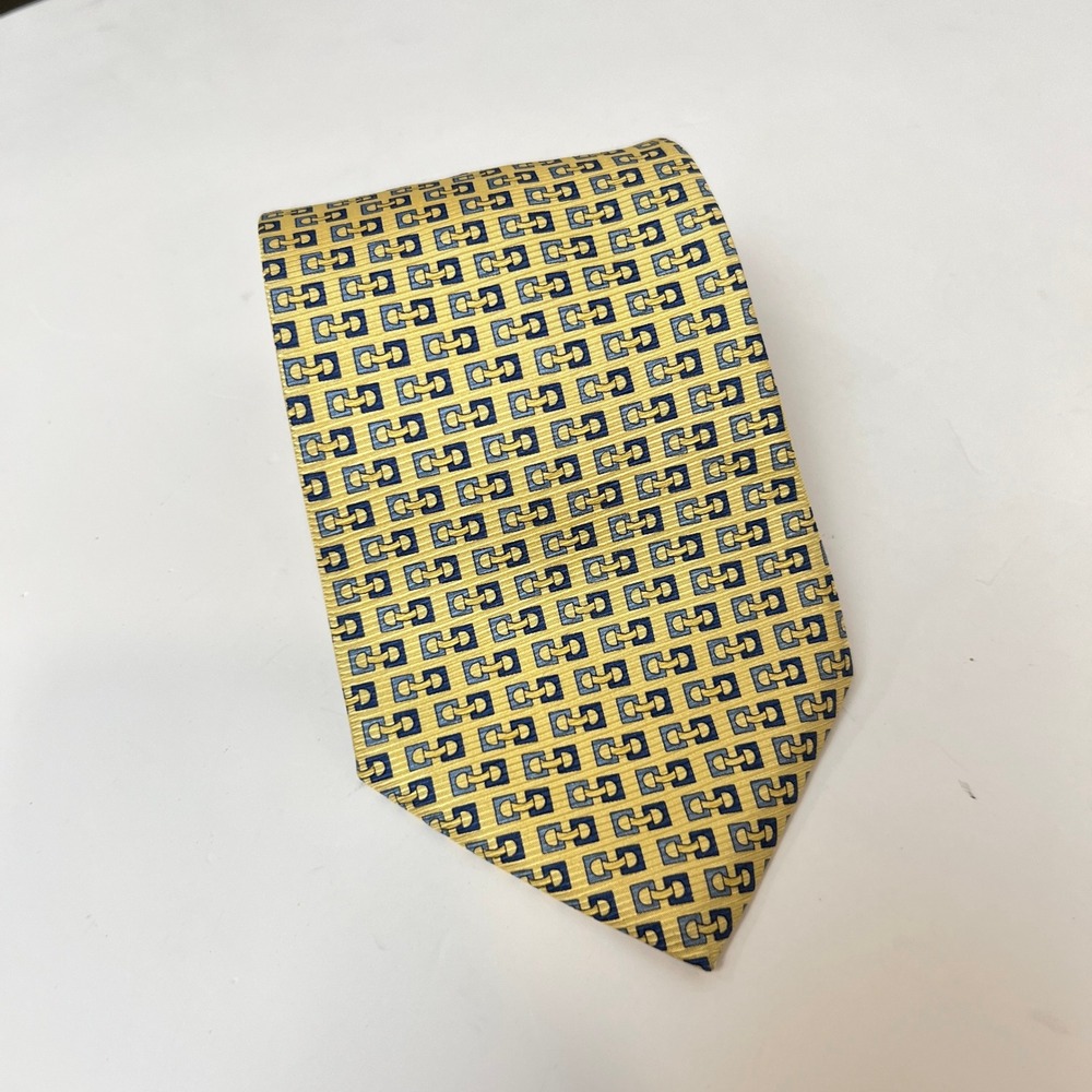 Tommy Hilfiger Tie 100% Silk Mens Yellow Blue Geometric Pattern Necktie USA Made